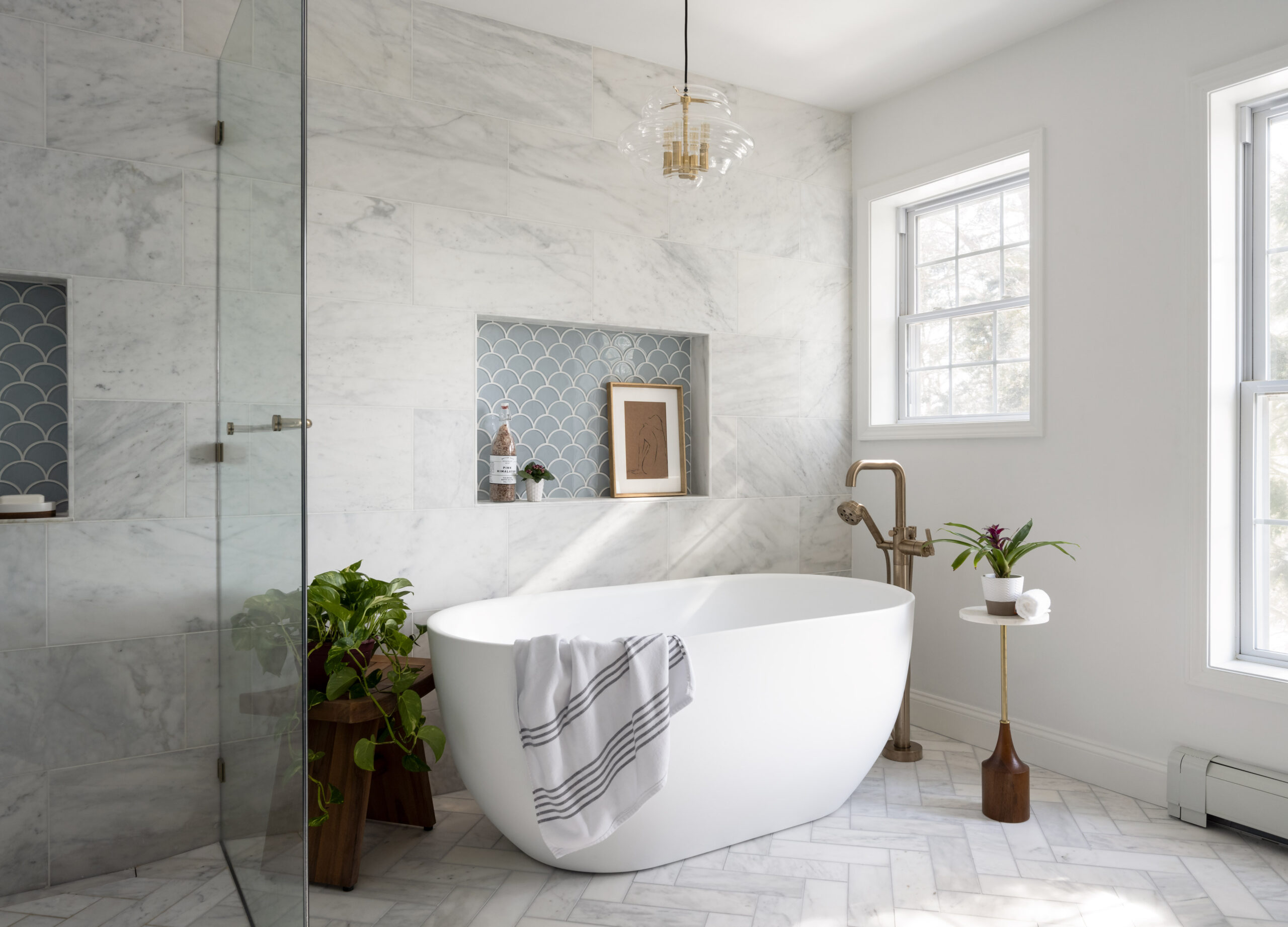 Needham luxury master bathroom with gray and white marble tile by JP Hoffman Design Build